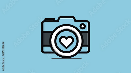 Camera with heart icon on light blue background for creative media