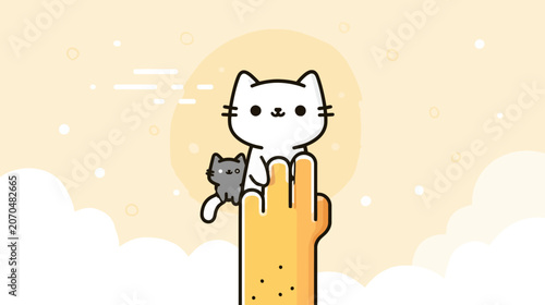 Cartoon cats on a hand against an orange backdrop illustration