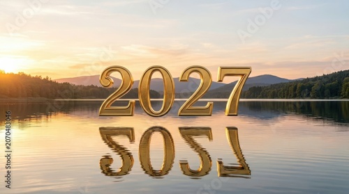 Golden 2027 Year Number Floating Above Calm Lake Water at Sunset for New Year Celebration Concept and Future Planning Background Design