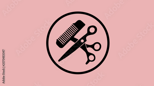 Styling tools emblem black scissors and comb silhouette on pink background