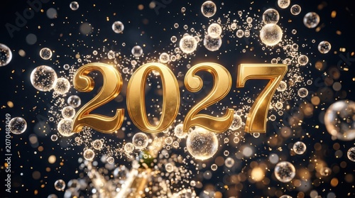 2027 Gold New Year Celebration Background with Champagne Bubbles and Festive Sparkles for Holiday Greeting Cards and Party Invitations