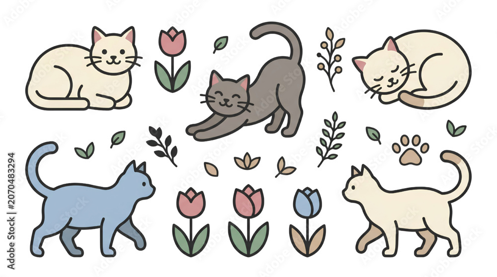 Fototapeta premium Cute cat vector set with floral elements, hand drawn kitten illustrations in pastel colors, feline characters for stickers and patterns