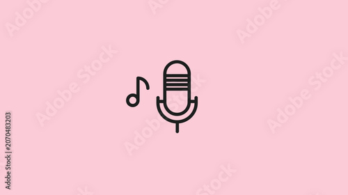 Minimalist microphone icon with musical note on soft pink background