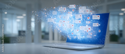 Digital Overload: A laptop screen explodes with a digital cloud of notifications, emails, and messages, symbolizing information overload and digital communication chaos.