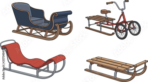 Foto Vintage winter sled collection illustration, wooden snow sleds set, classic tobo
