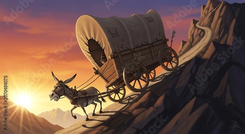 Covered wagon cartoon with determined donkey climbing steep mountain