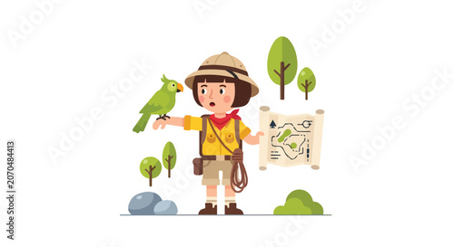 Принти на полотні An adventurous young scout with a pith helmet and backpack examines a map as a green parrot sits on her arm outdoors