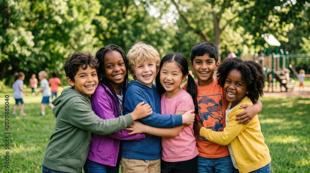 Fototapeta premium Seven smiling children embrace each other in a group hug outdoors. They are standing in a grassy park with a playground visible in the background.
