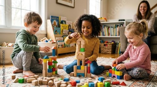 Three young children are playing with wooden blocks on a colorful rug. A woman is sitting on a couch in the background, observing the children.