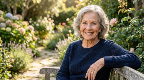 A smiling elderly woman sits on a wooden bench in a beautiful garden. She is wearing a navy blue sweater and has gray hair styled in loose waves.