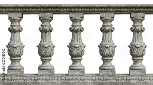 A gray stone balustrade features ornate, sculpted columns and a decorative base. The balustrade is isolated on a white background.