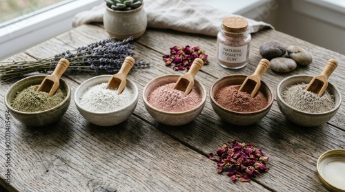 A rustic wooden table displays a selection of natural cosmetic clays in small bowls. Several wooden scoops rest alongside the bowls, and dried lavender and rose petals are scattered around.