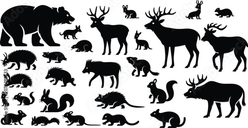 Fotografie Wild forest animal silhouette collection featuring bear deer wolf rabbit and rod