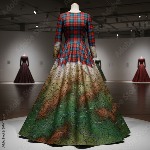 Elegant long designer dress with plaid top and landscape pattern in a gallery