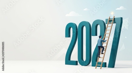 Business professional climbing ladder to reach 2027 goal, concept of future career growth, success strategy, corporate planning, financial target achievement, 3d illustration