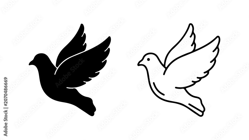 Obraz premium Minimalist Flying Dove Silhouette and Outline Icon Set
