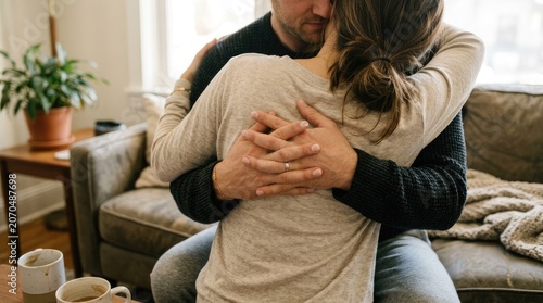 A man and a woman embrace warmly on a couch. The woman is holding the man's hands over her heart, conveying affection and intimacy.