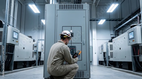 Professional Technician in Hard Hat Kneeling and Testing Electrical Cabinet in Industrial Data Room