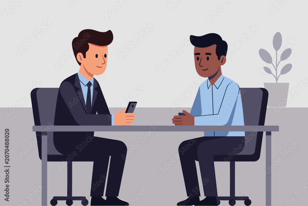 Obraz premium Business meeting or job interview between two professional men sitting at a conference table in an office.