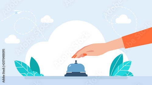 Elegant woman hand pressing a classic hotel reception desk bell, representing service calling, high quality hospitality, assistance and premium customer support. Flat illustration.	