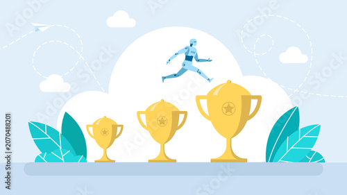 Advanced AI robot jumping over golden cups, representing technological achievements, automation growth, artificial intelligence success, machine learning leadership milestones. Flat illustration