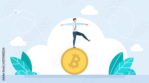 Confident businessman balancing with open arms on top of a huge golden bitcoin coin, representing crypto market volatility, risk management and financial success. Flat illustration