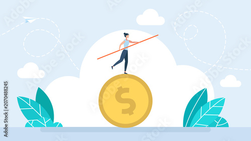 Businesswoman tightrope walker holding a long pole to balance on top of a huge golden dollar coin, representing financial stability risk and market survival. Flat illustration
