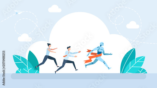 Futuristic robot outrunning businesspeople to cross the finish line first, representing artificial intelligence technology competition and modern labor market dominance. Flat illustration.