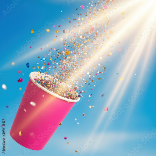 Pink paper cup spilling colorful confetti against a bright sunny blue sky background