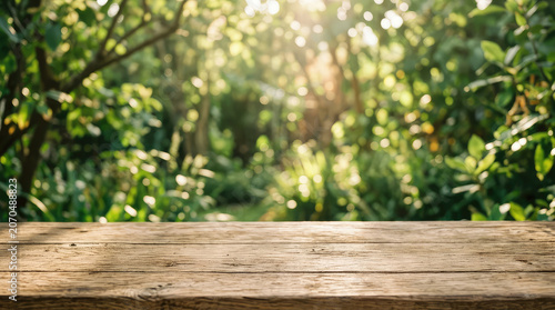 Wooden bench in front of green forest background