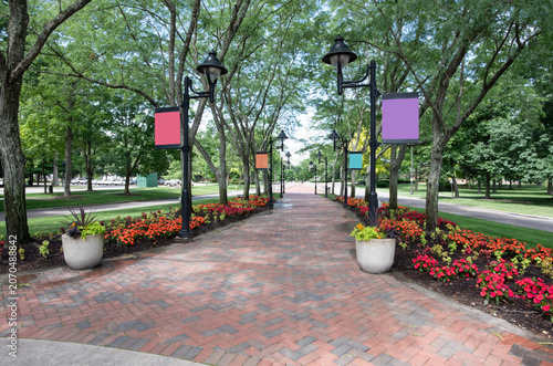 Public Park Walkway Lined with Colorful Flowers