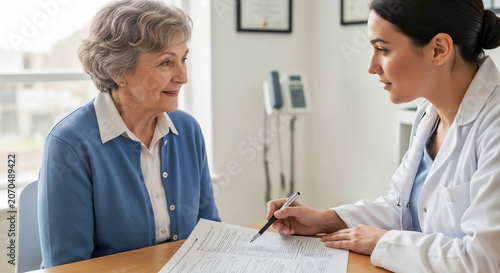 Elderly health consultation with senior patient discussing medical form with doctor. Detailed elderly health consultation includes physician explanation of treatment plan to mature woman.