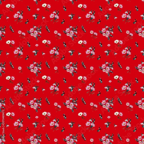 Seamless floral pattern with watercolor pink flowers and green leaves on red background