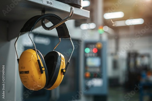 Yellow ear defenders with safety first text hanging on a hook in a factory workshop, hearing protection ppe