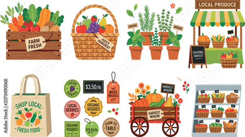 Foto Organic farmers market and local produce vector illustration set with fresh vege