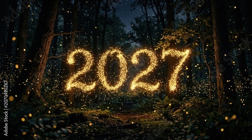 Glowing 2027 Number Made of Fireflies in Enchanted Forest at Night, Magical New Year Celebration Concept, Fantasy Nature Background for Greeting Cards and Posters