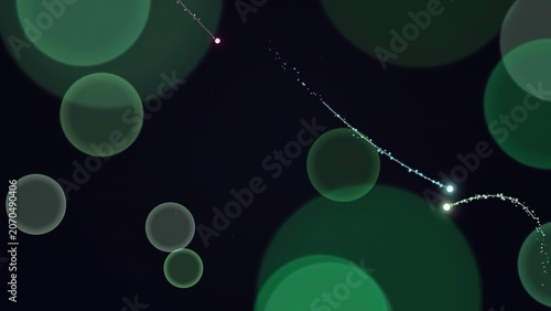 Tableau sur toile Abstract space scene with green glowing orbs and star trails