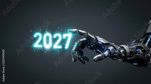 Futuristic robotic hand touching glowing 2027 digital numbers representing artificial intelligence development and technological innovation in the near future