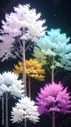 Colorful Dreamlike Trees Glowing in Surreal Night Forest Scene
