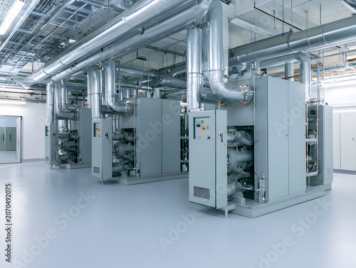 Industrial HVAC systems are integrated into the cooling units of modern data centers. They feature large ventilation setups with metal ducts and control panels. This infrastructure is designed for pre