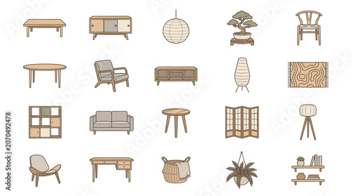 Minimalist Japandi Furniture and Home Decor Icon Set