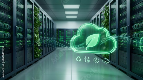 Sustainable data center concept with glowing green cloud symbol and eco-friendly server infrastructure
