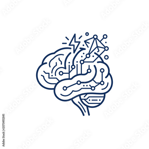 Line art human brain with circuit board and lightning.