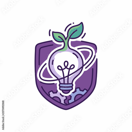 Lightbulb inside shield with gears and plant sprout.