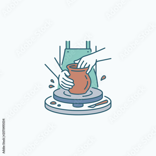Line art illustration of hands crafting pottery on wheel.