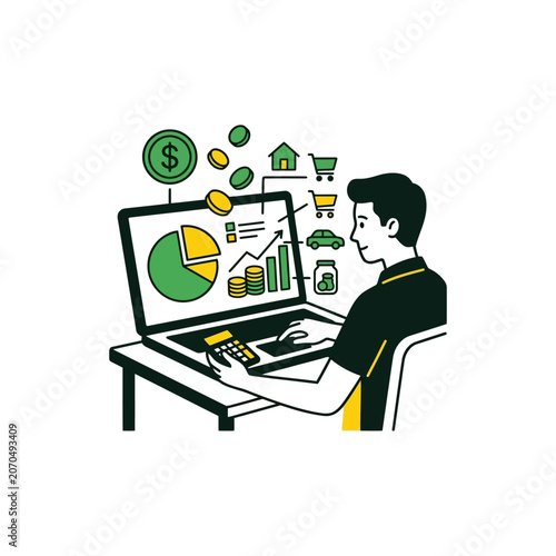 Man planning personal finances using laptop with floating icons.
