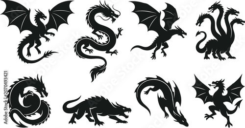 Cuadro en lienzo Mythical Dragon Silhouette Vector Set Featuring Asian Serpents Winged Wyverns an