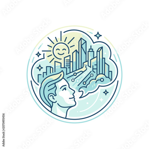 Man looking at futuristic smart city vision bubble.