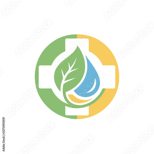 Medical cross containing a green leaf and water drop.