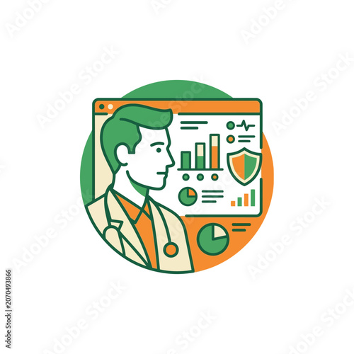 Medical professional analyzing data dashboard with protective shield icon.